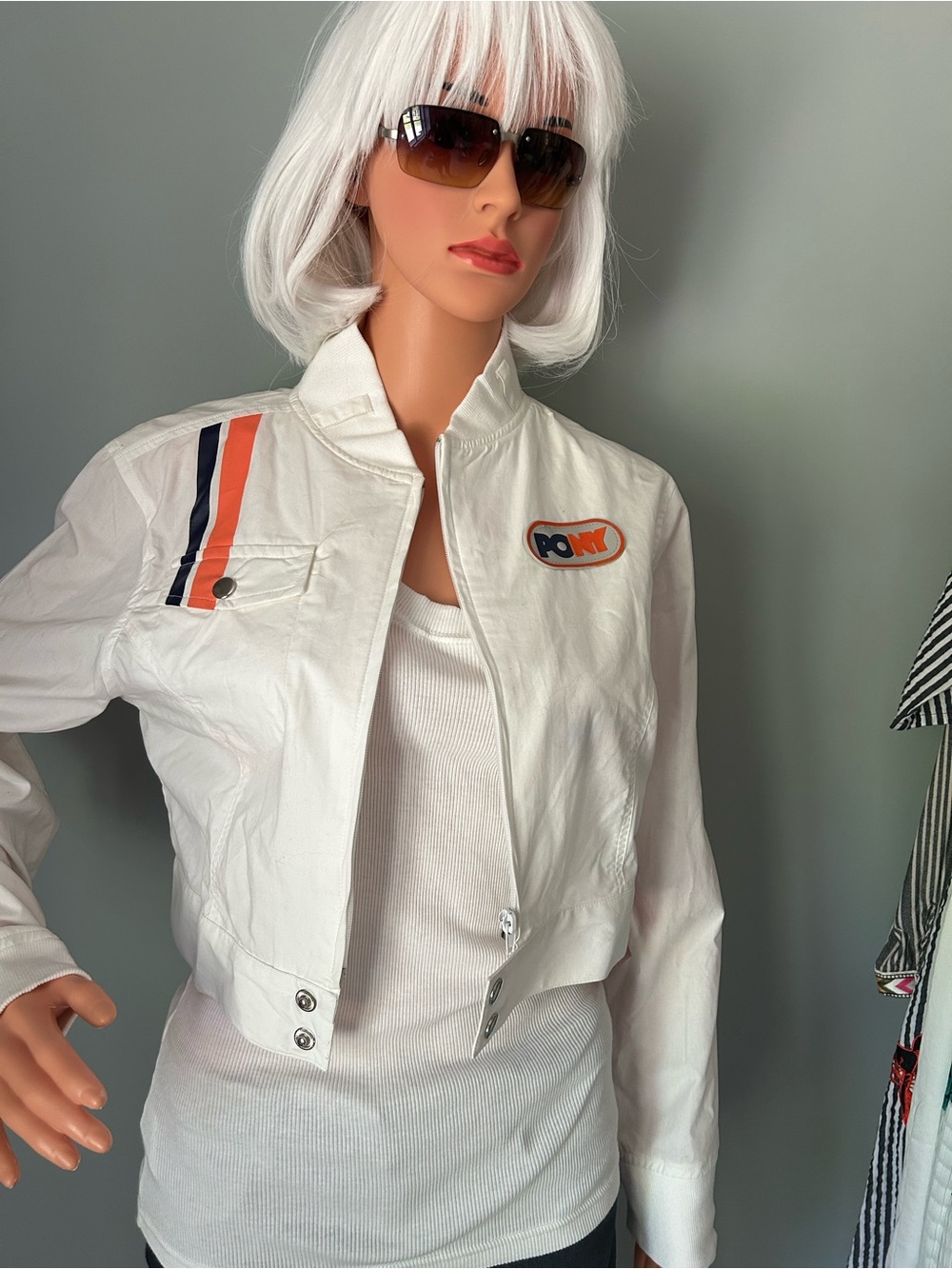 PONY White Lightweight Racer Jacket with Orange & Navy Stripes and matching tank